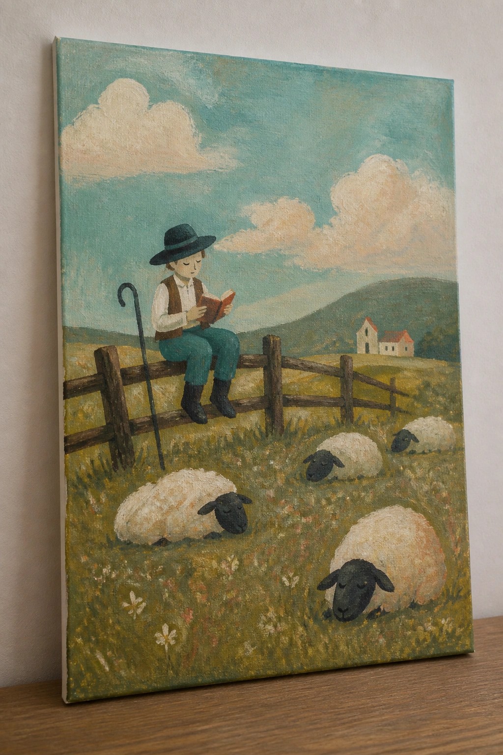 Boy in hat and vest reads on fence amid sheep in flowery meadow painting