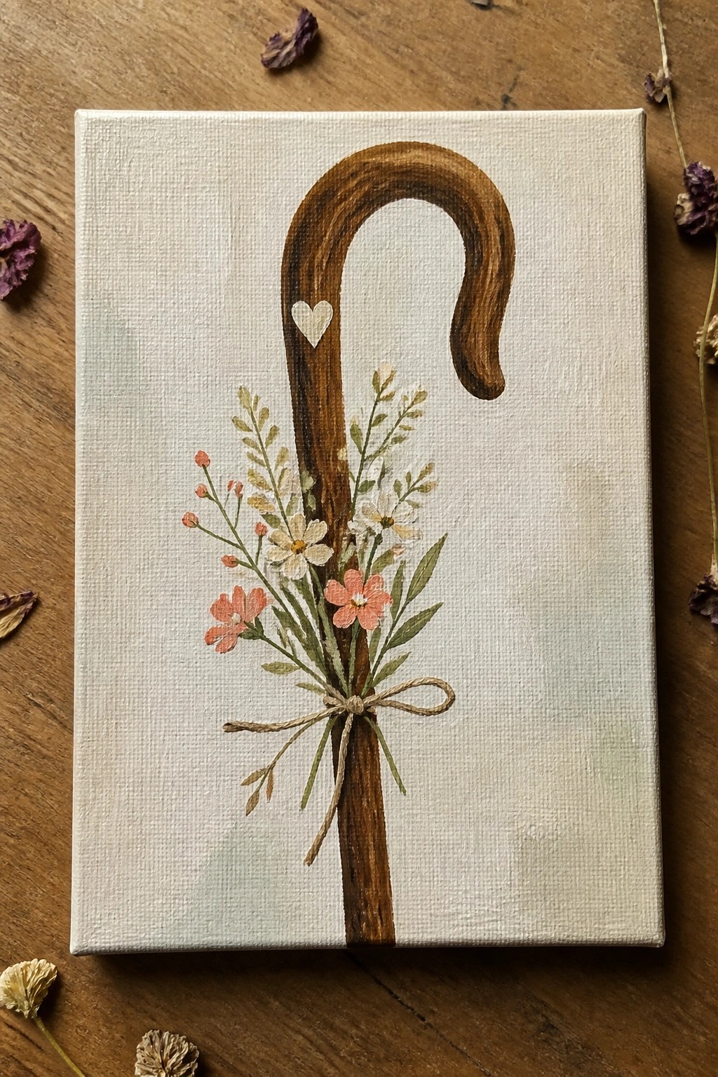 Canvas painting of brown shepherd's crook with tied floral bouquet and white heart