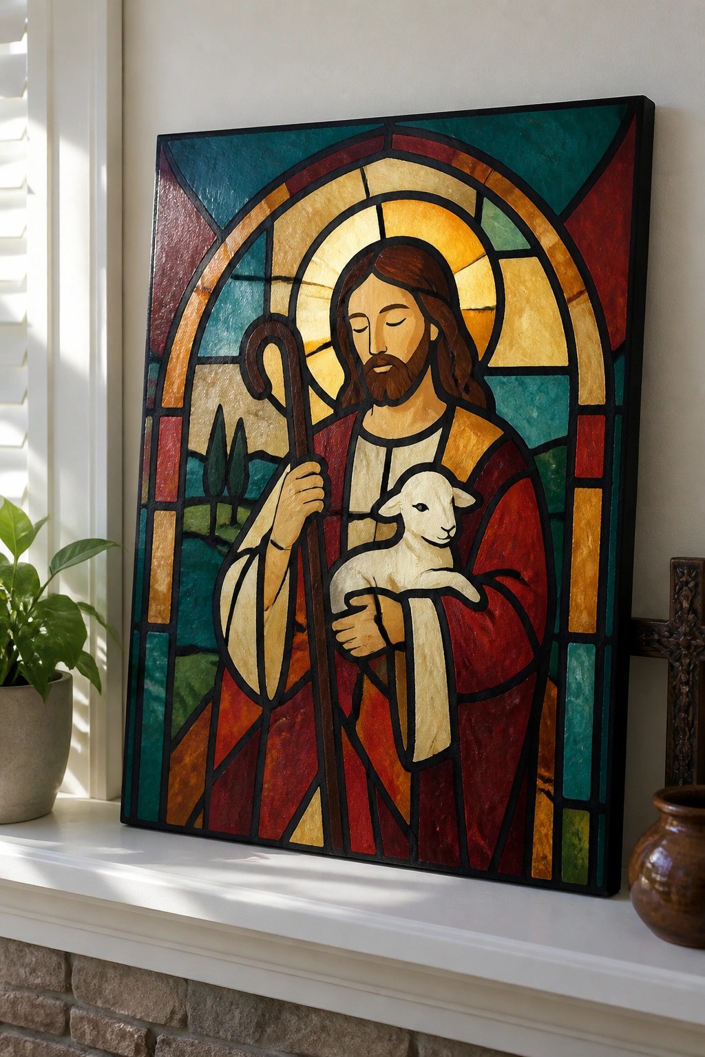 Stained glass of Jesus in red robe holding white lamb and shepherd's staff