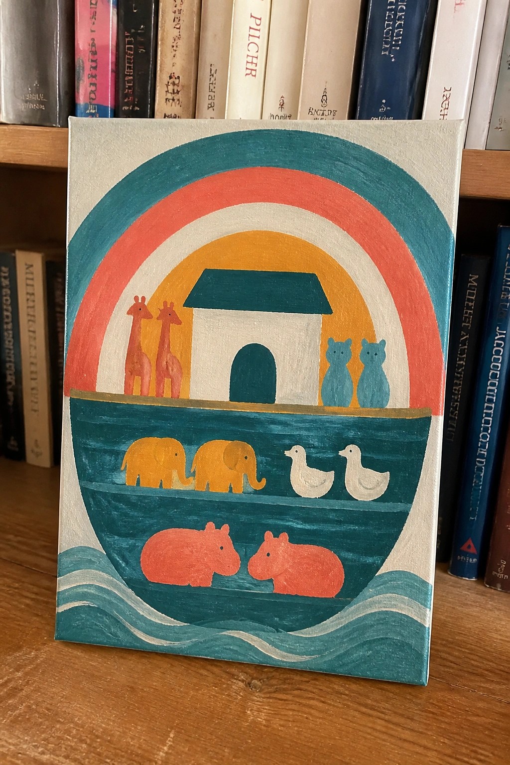 Vibrant painting of Noah's ark with rainbow, giraffes, elephants, hippos, and ducks.