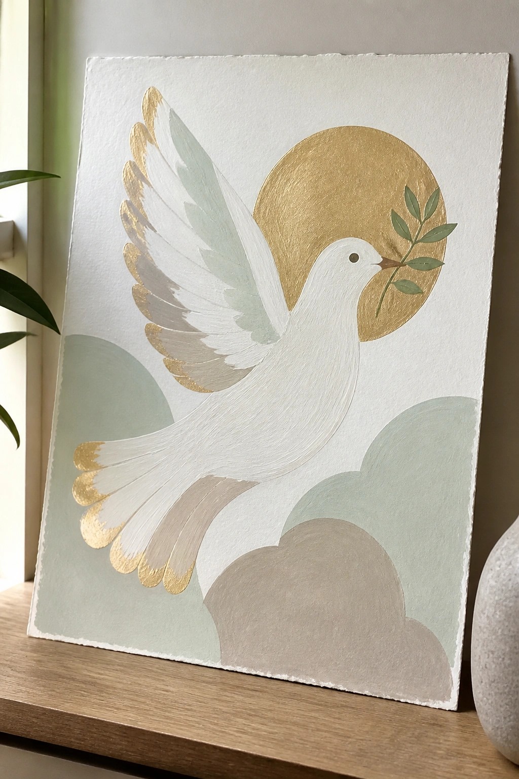 White dove with gold-tipped wings carrying olive branch near golden circle