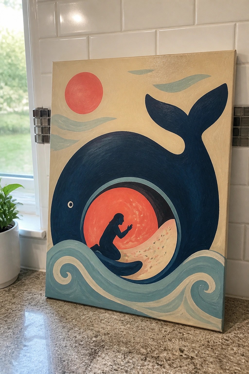 Abstract painting of blue whale with silhouetted figure inside, red sun, and teal waves