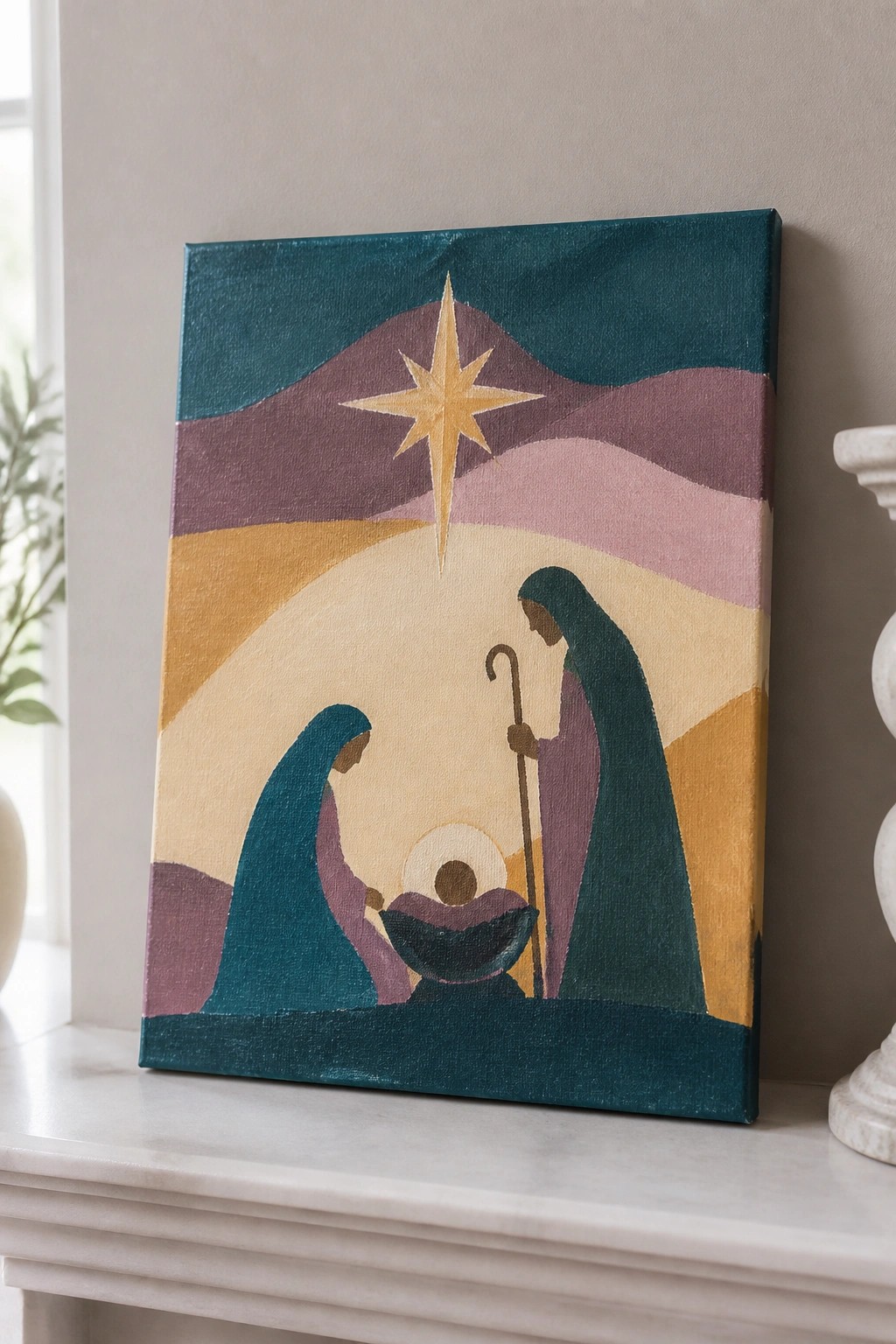 Abstract painting of nativity scene with robed figures, manger, and large golden star