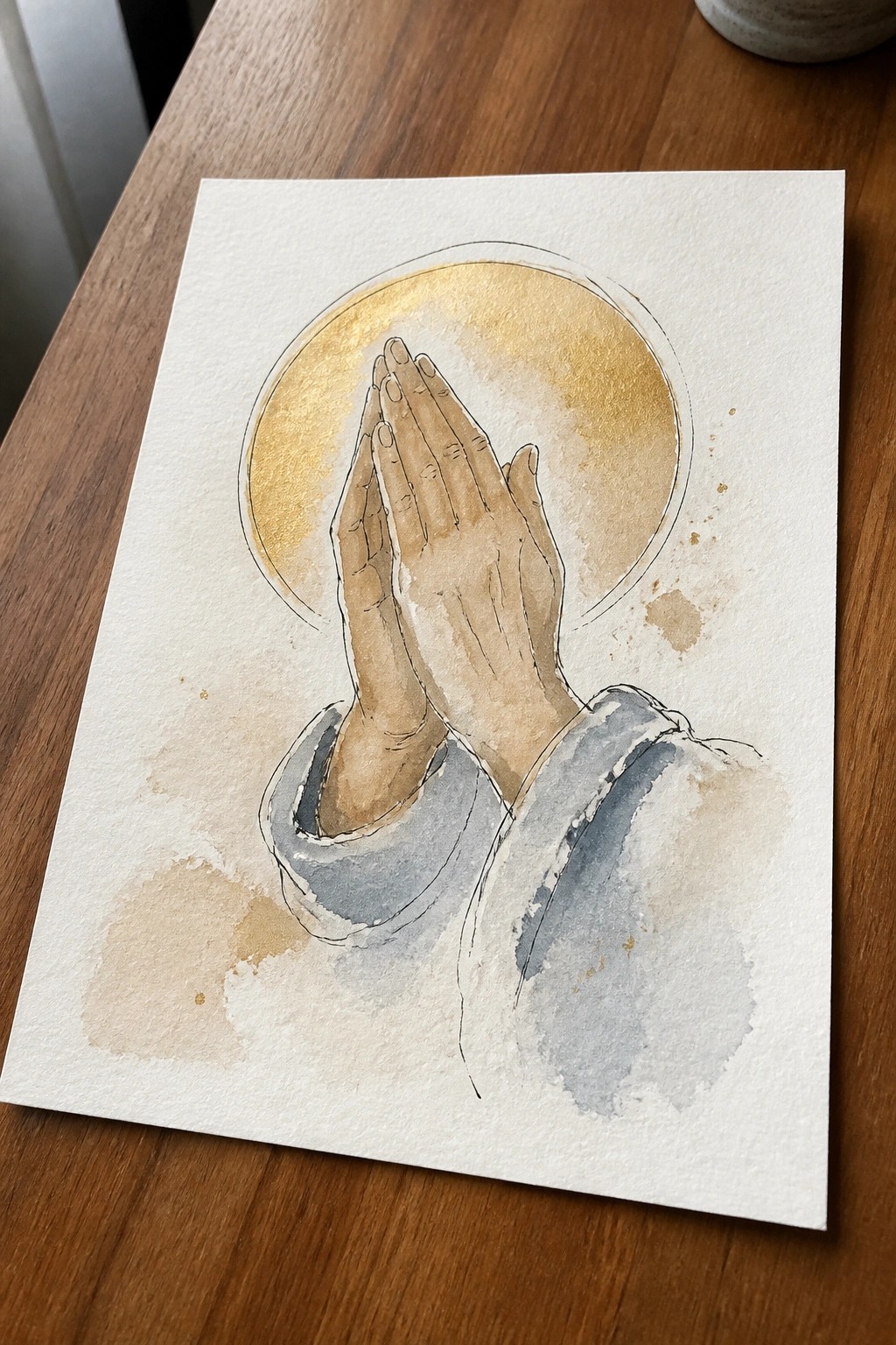 Watercolor of praying hands with golden halo and blue sleeves on paper