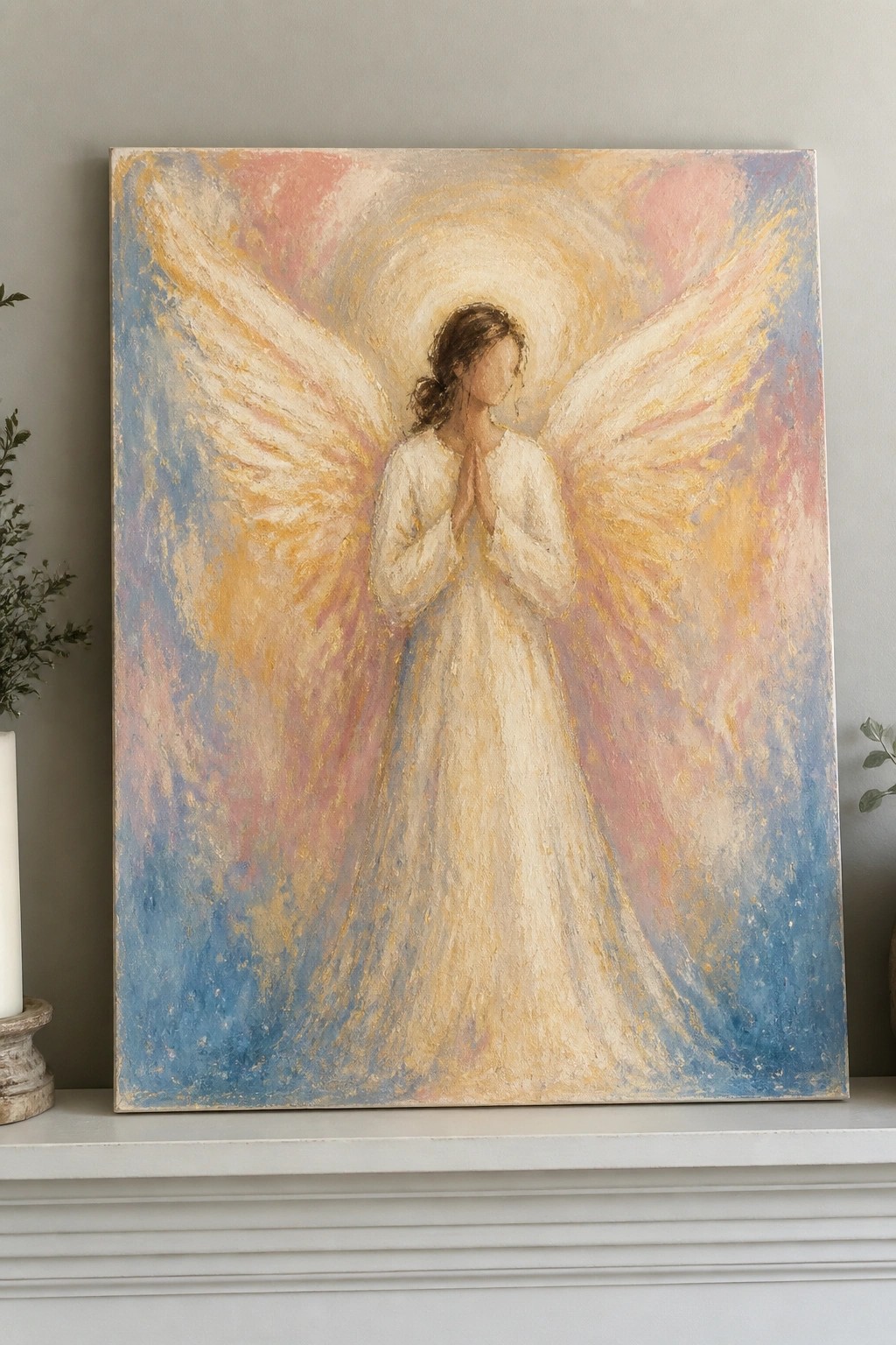 Serene angel with large wings praying in flowing white gown, soft pastel swirls