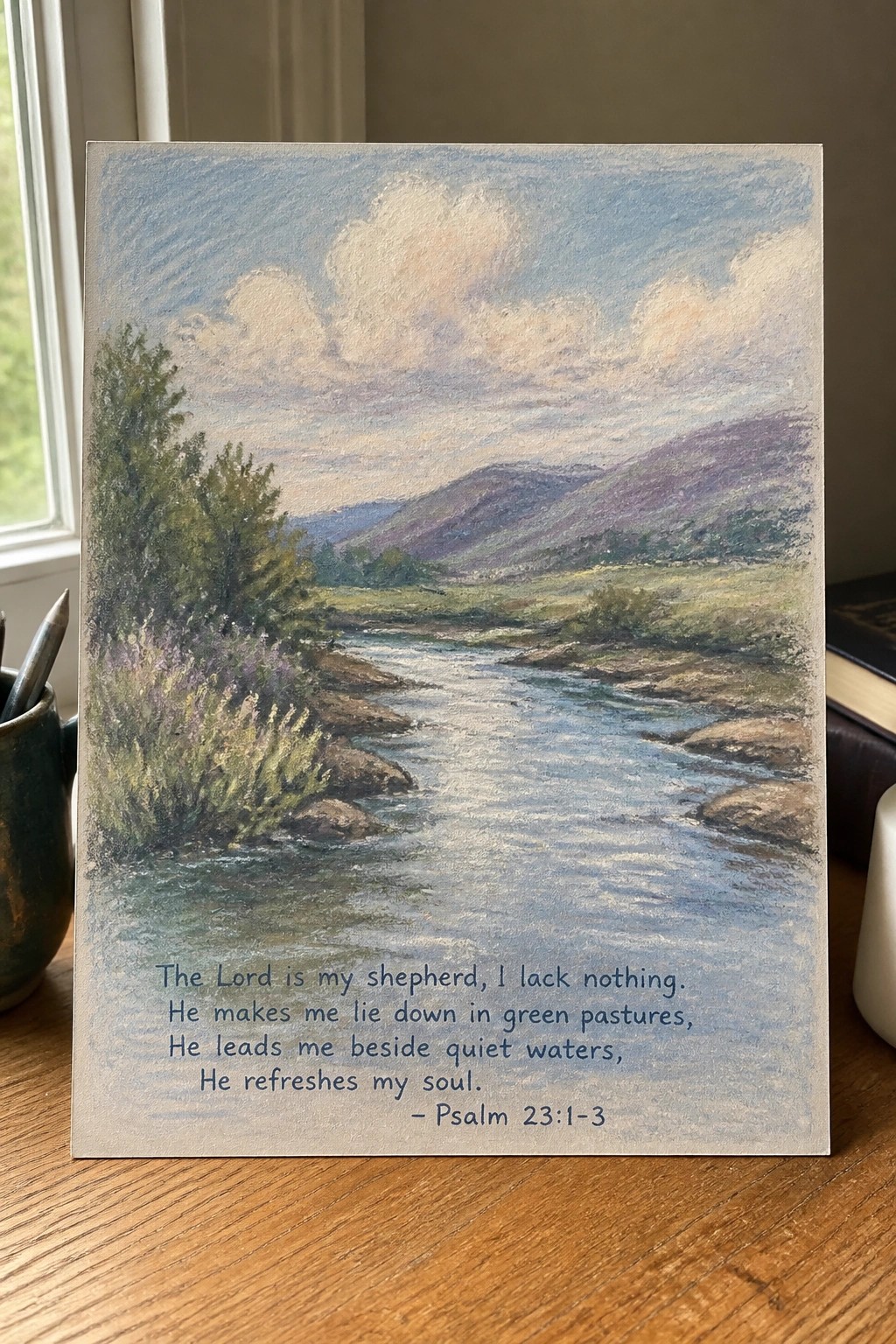 Pastel river valley landscape with Psalm 23 text on wooden table beside window
