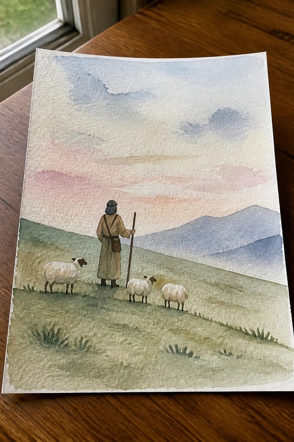 Watercolor of robed shepherd with staff and three sheep on green hills under pastel sky