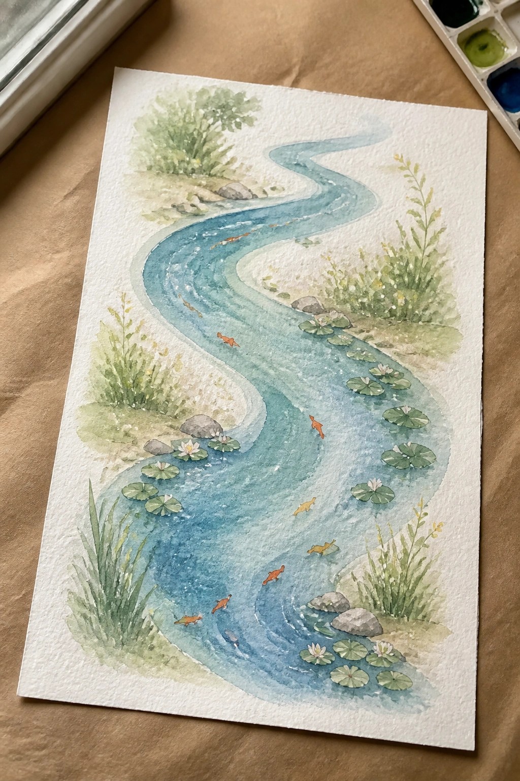 Watercolor painting of winding blue stream with orange fish, lily pads, and green banks