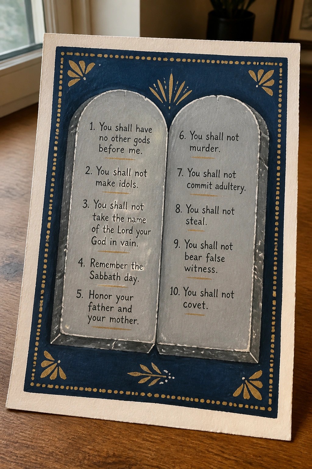 Two gray stone tablets with Ten Commandments on blue card with gold borders and designs.