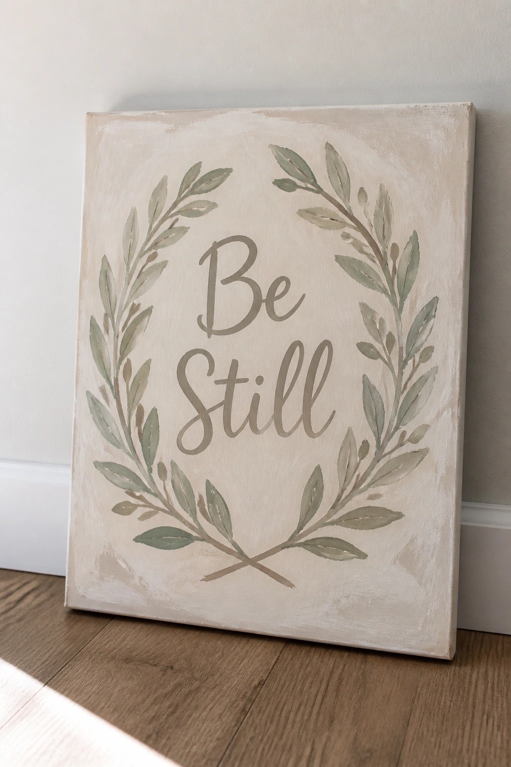 Beige canvas with green leaf wreath and 