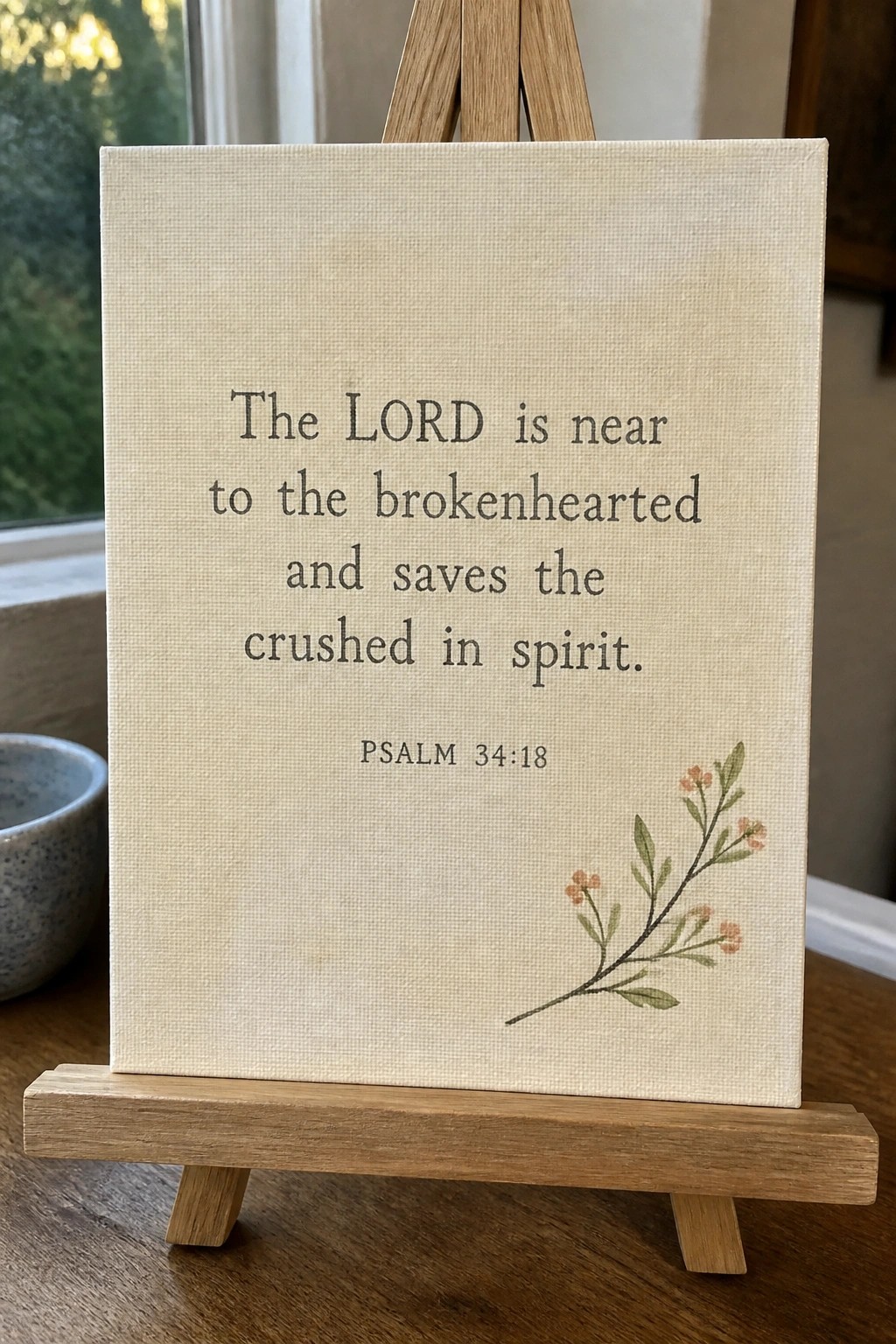 Beige canvas on wooden easel displaying Psalm 34:18 verse with floral accent
