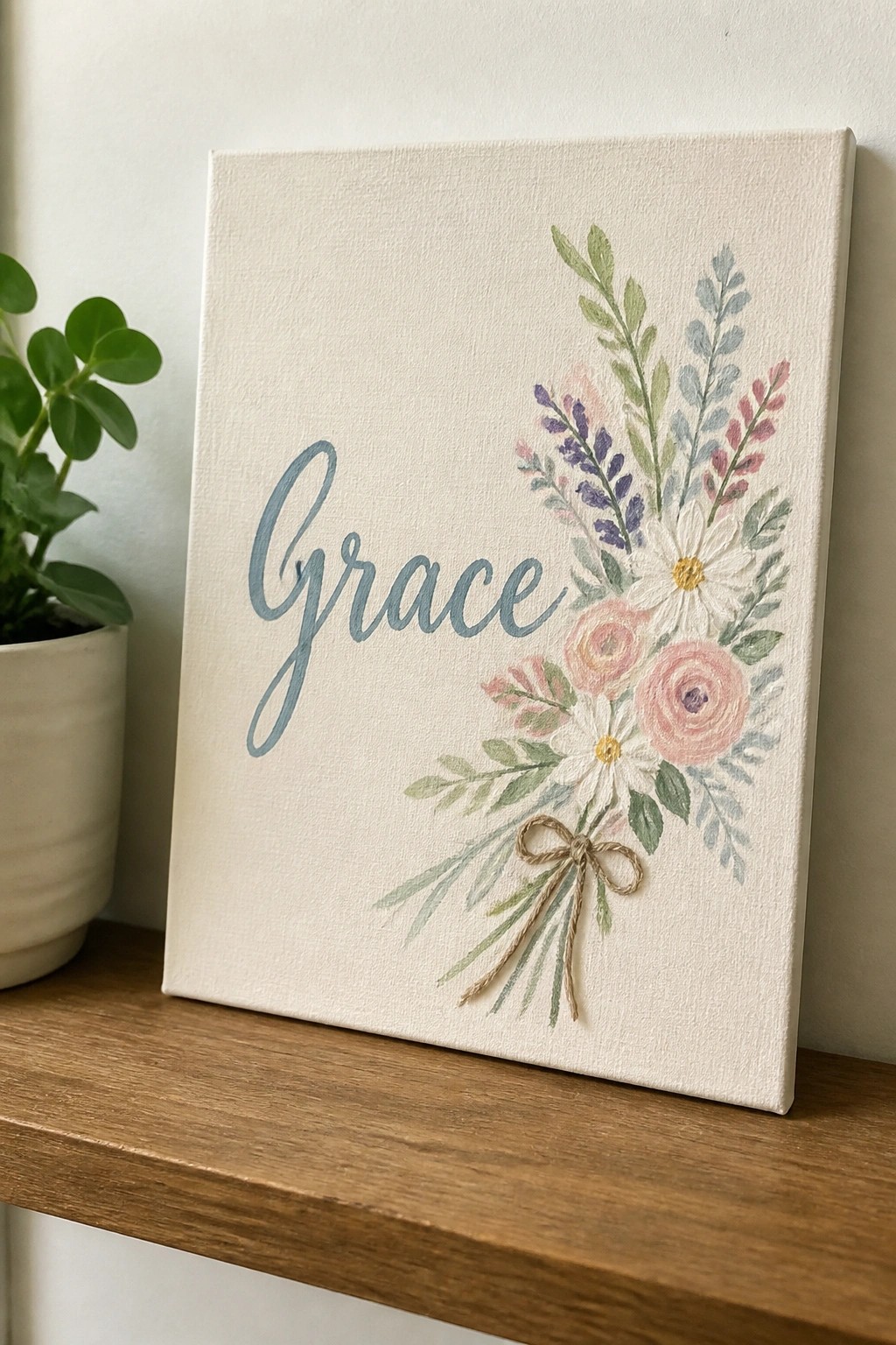 A canvas shows the word Grace in blue script beside a bouquet of white daisies and pink flowers with green leaves tied by a twine bow.