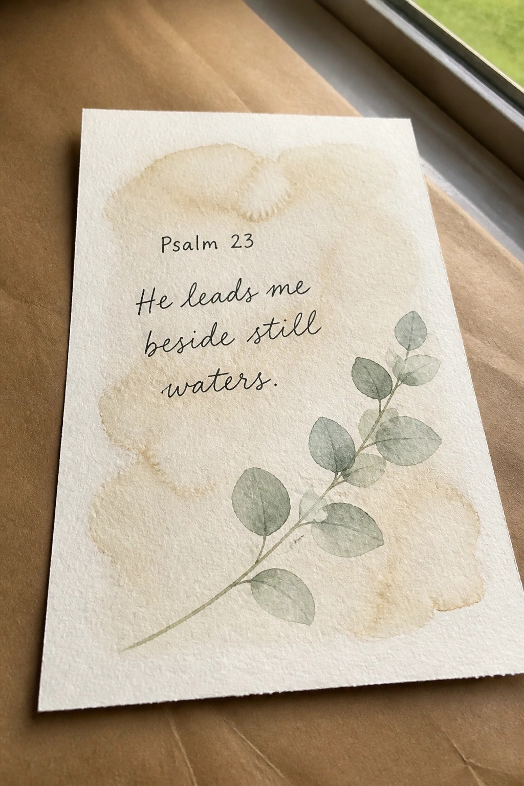 White card with Psalm 23 verse, cursive text, and watercolor eucalyptus on beige wash