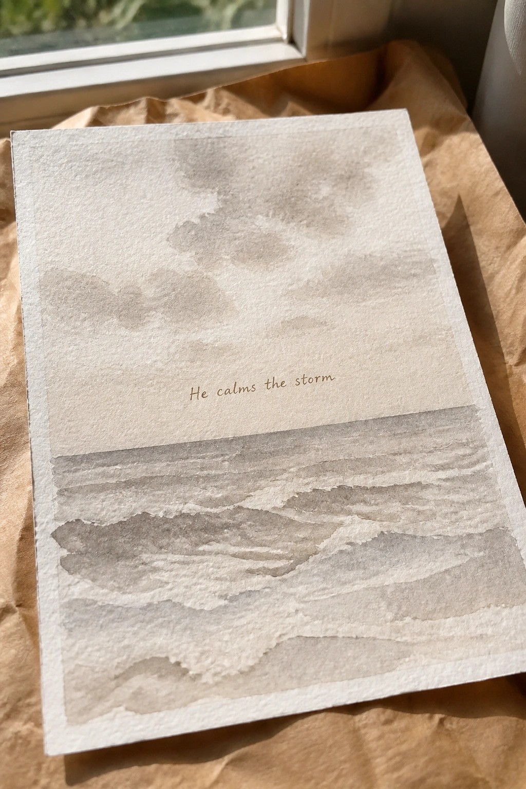 Soft gray watercolor of clouds above waves with text 