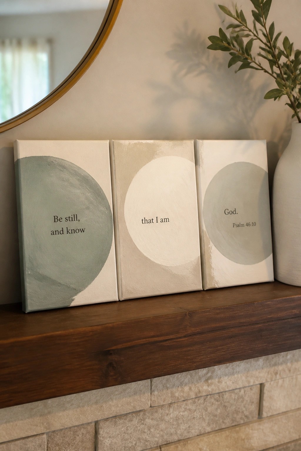 Three abstract canvases with Psalm 46:10 on wooden mantel beside mirror and vase
