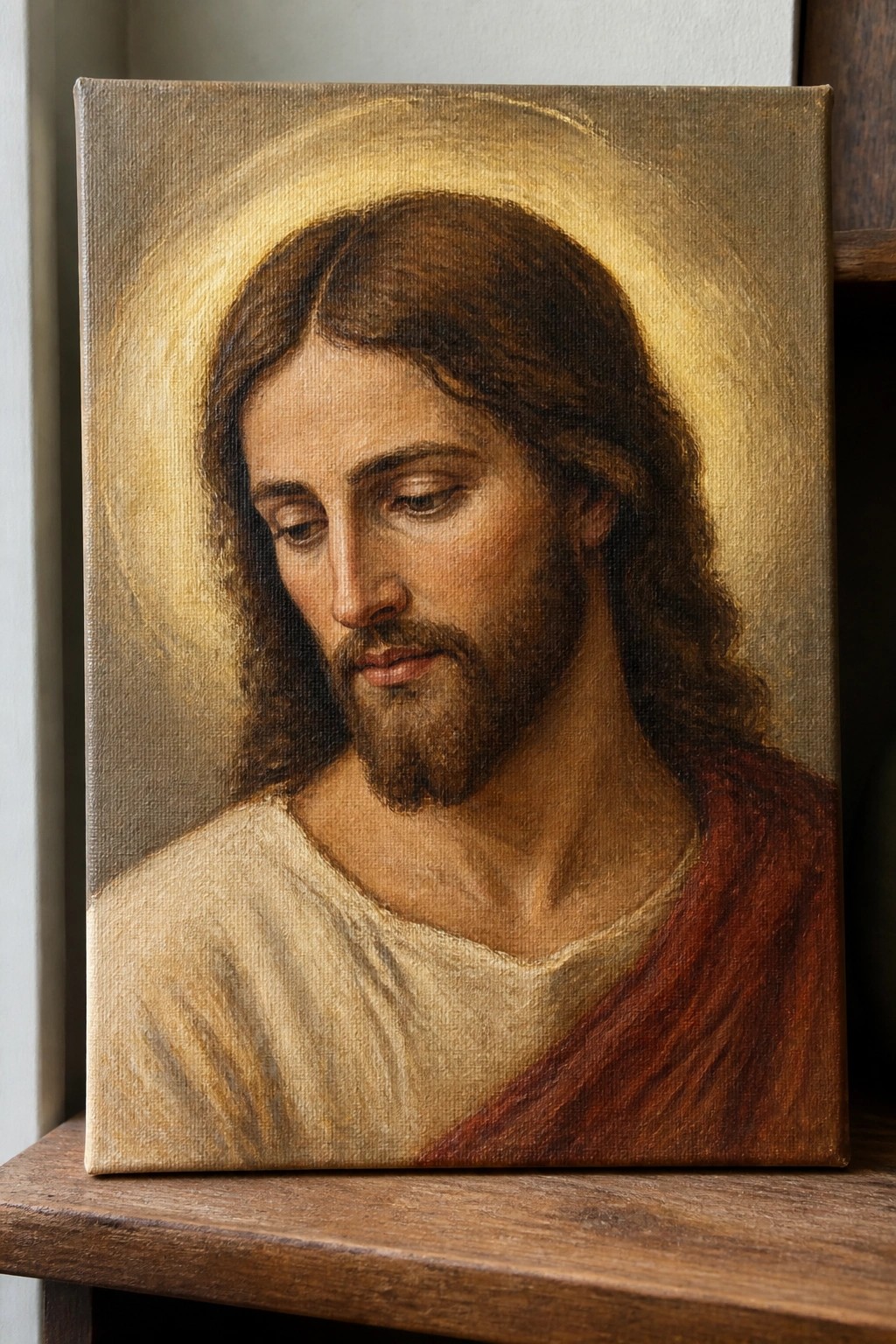 Oil painting of Jesus with long hair, beard, golden halo, white and red robes.