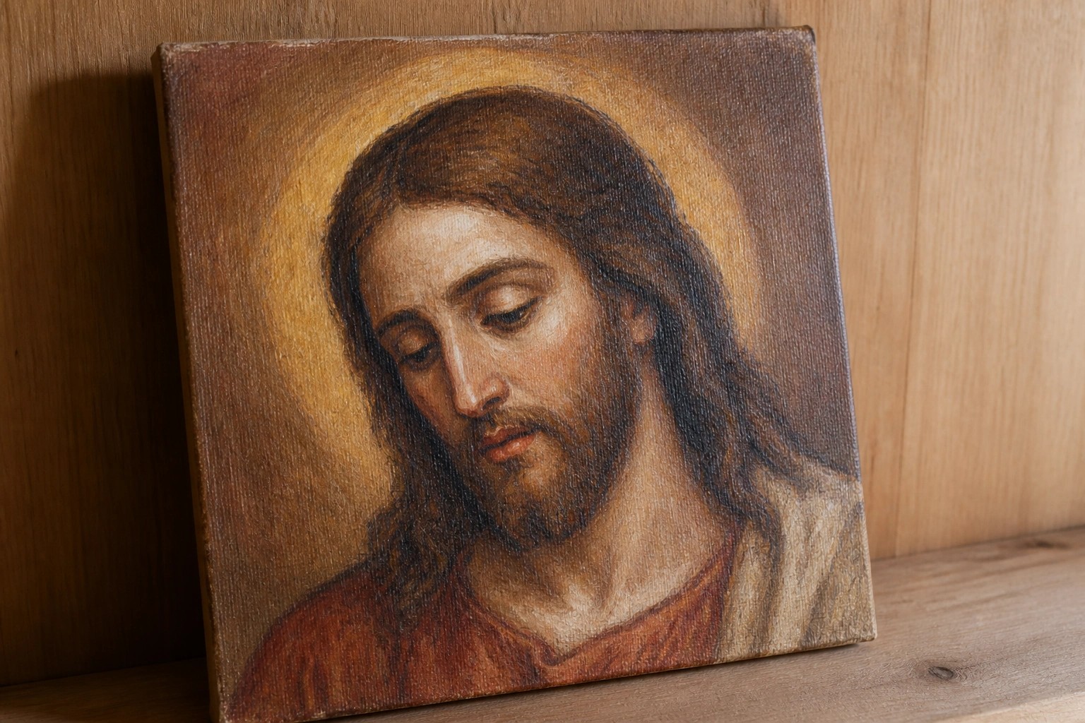 Oil painting of Jesus with long hair, beard, golden halo, white and red robes.