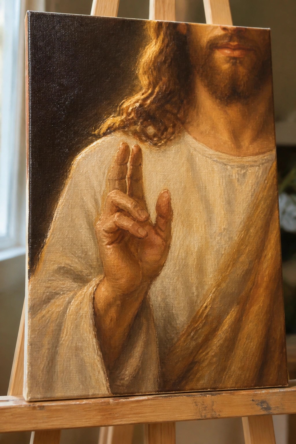 Oil painting on easel of robed Jesus with long hair and raised hand