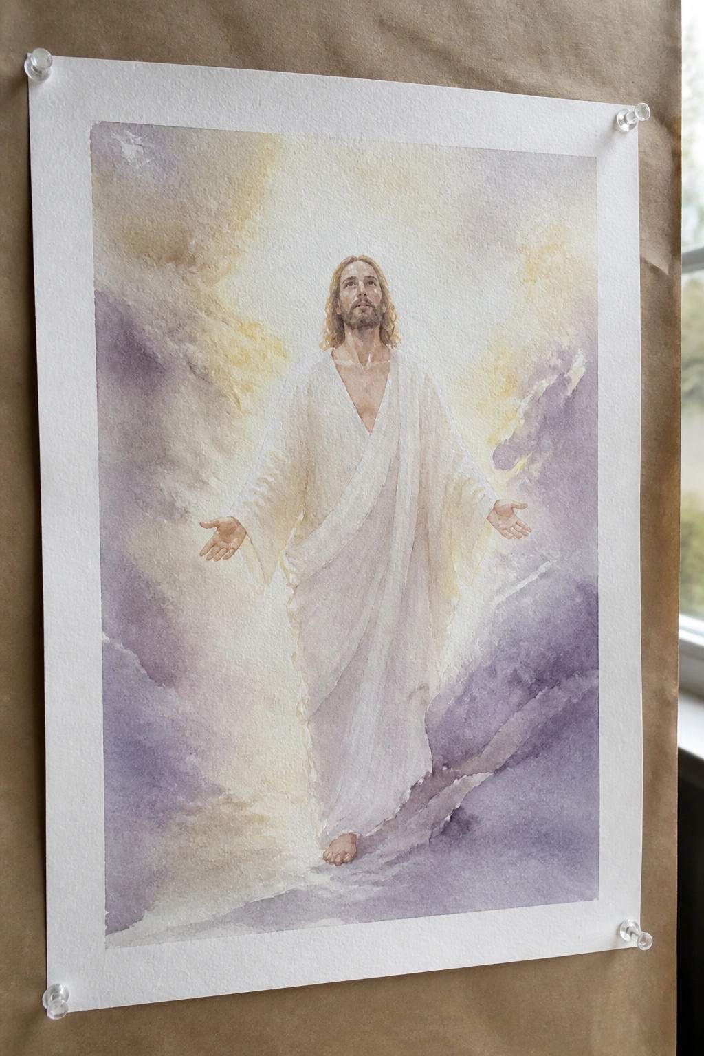 Jesus in white robes with outstretched arms on purple clouds, watercolor style