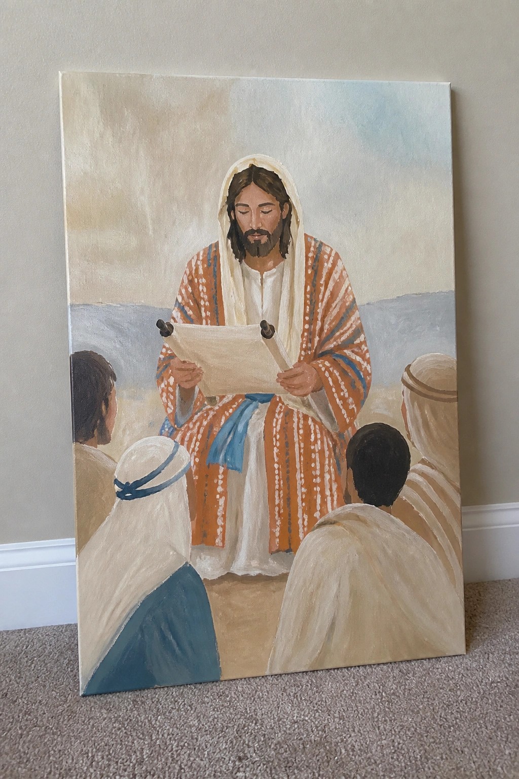 Painting of Jesus seated and reading from a scroll to four followers in robes outdoors.