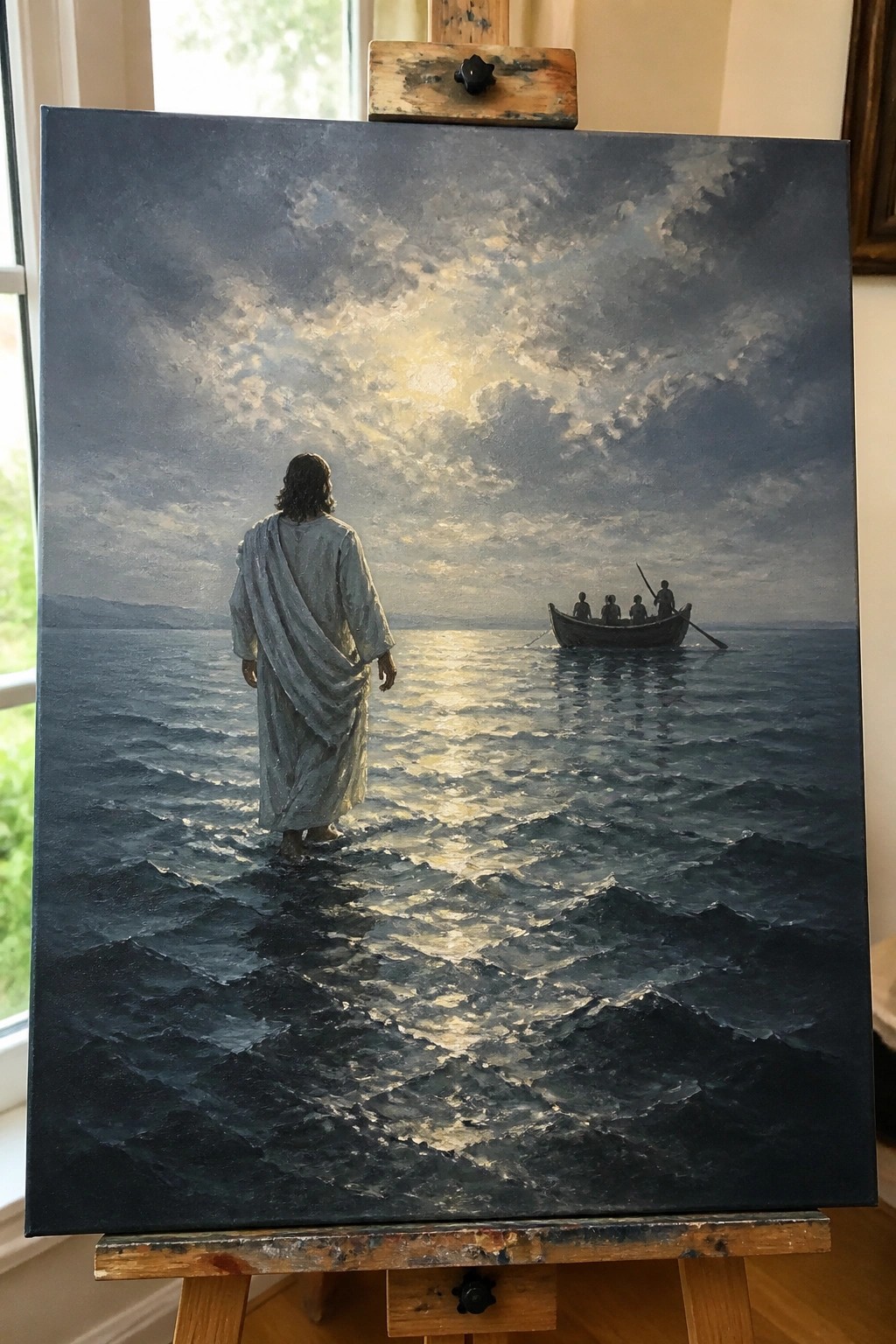 Jesus in white robe walking on dark waves toward boat under cloudy sky on easel.