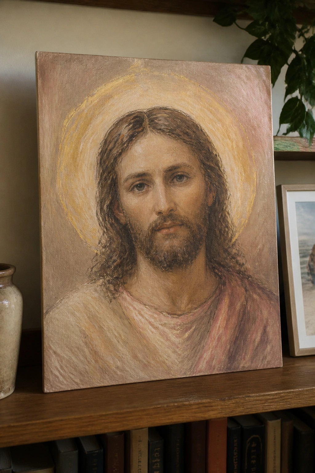 Painting of Jesus with golden halo on wooden shelf beside books and vase