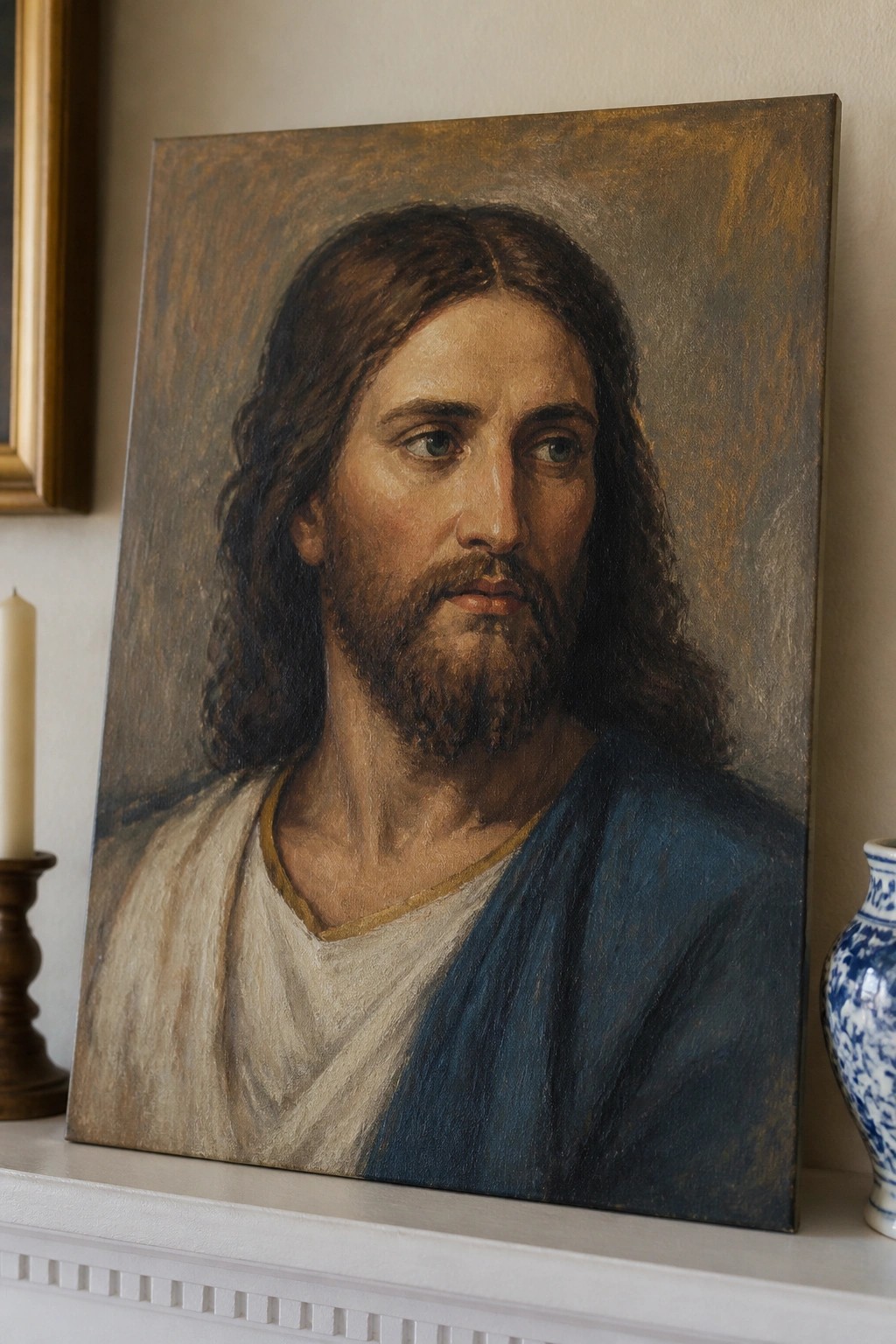 Painting of Jesus with long hair and beard in blue and white robes on mantel beside candle and vase.