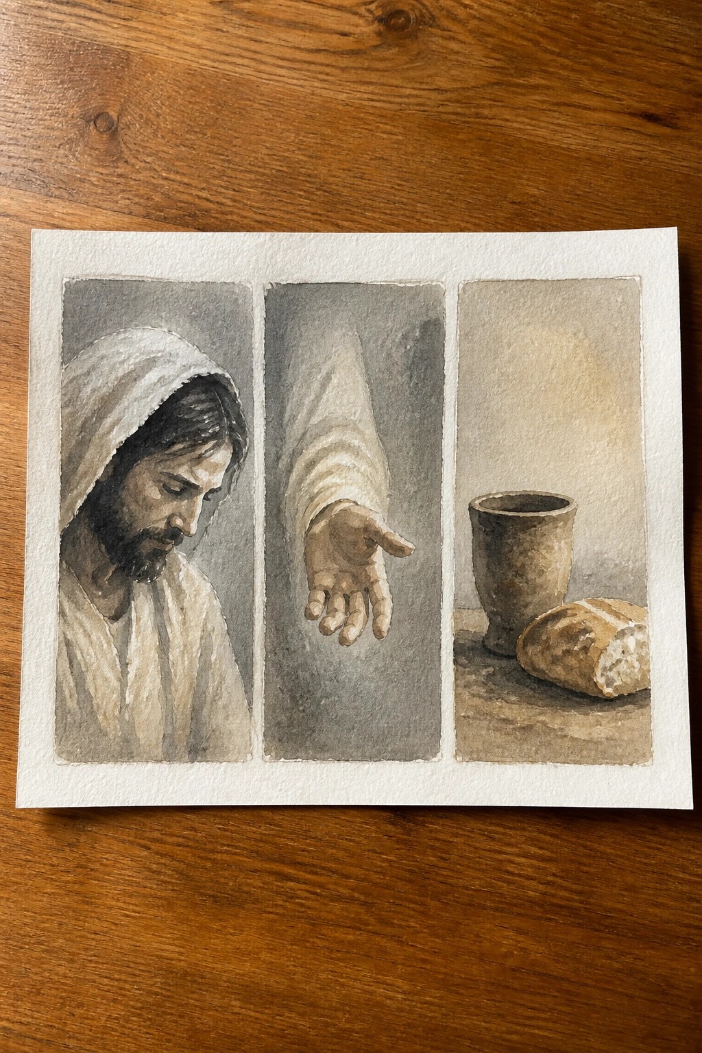 Watercolor triptych of hooded robed man, open hand, cup and bread in muted tones.