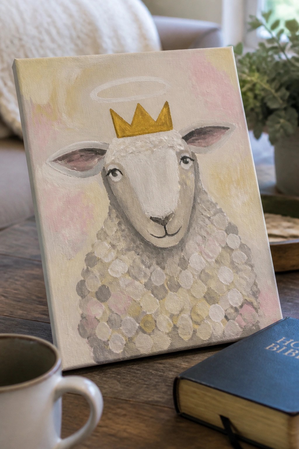 Canvas painting of crowned sheep with halo beside Bible and mug on wooden table