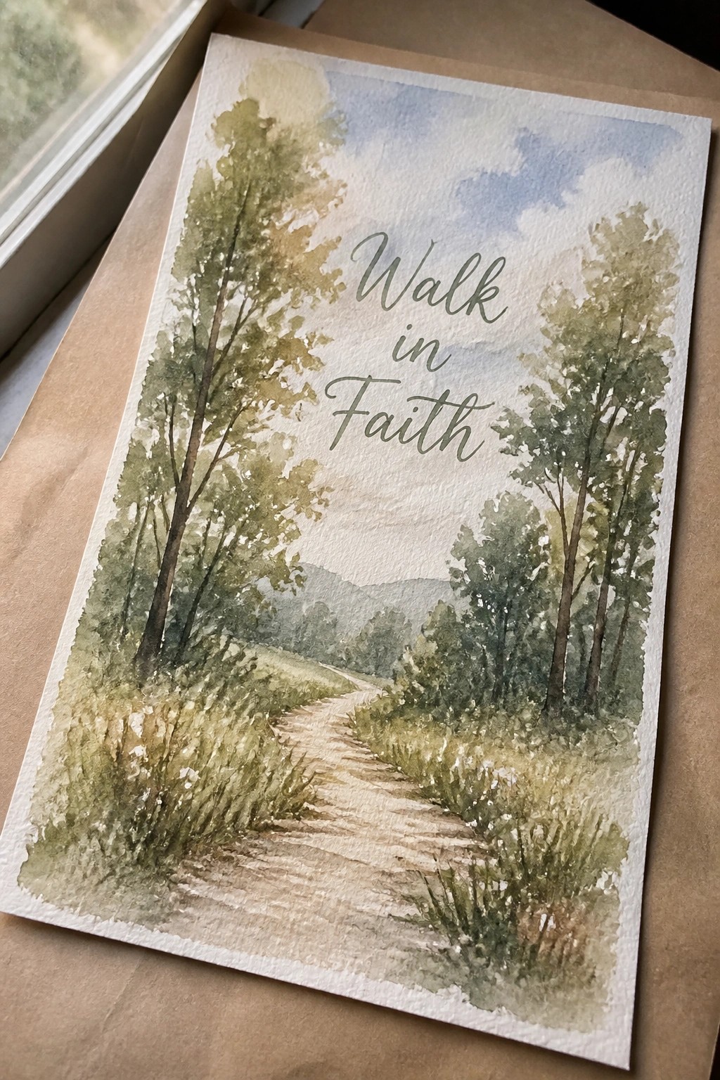 Watercolor painting of winding path through green trees with 