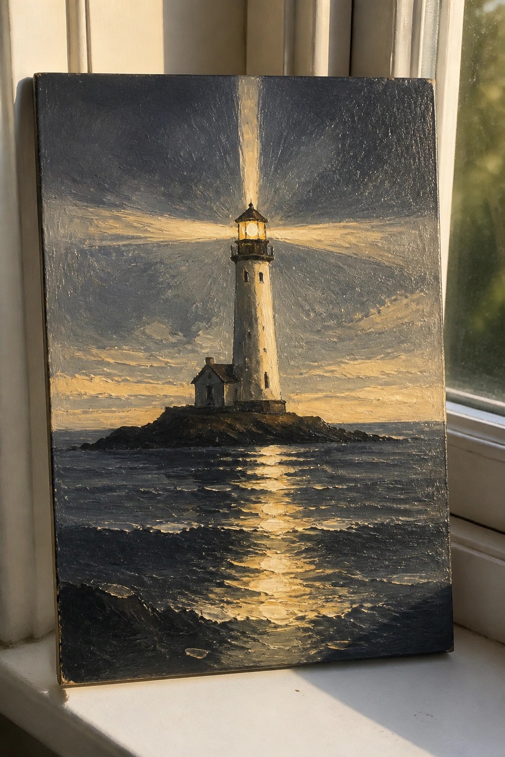 Oil painting of lighthouse beaming light over dark ocean from rocky island at dusk