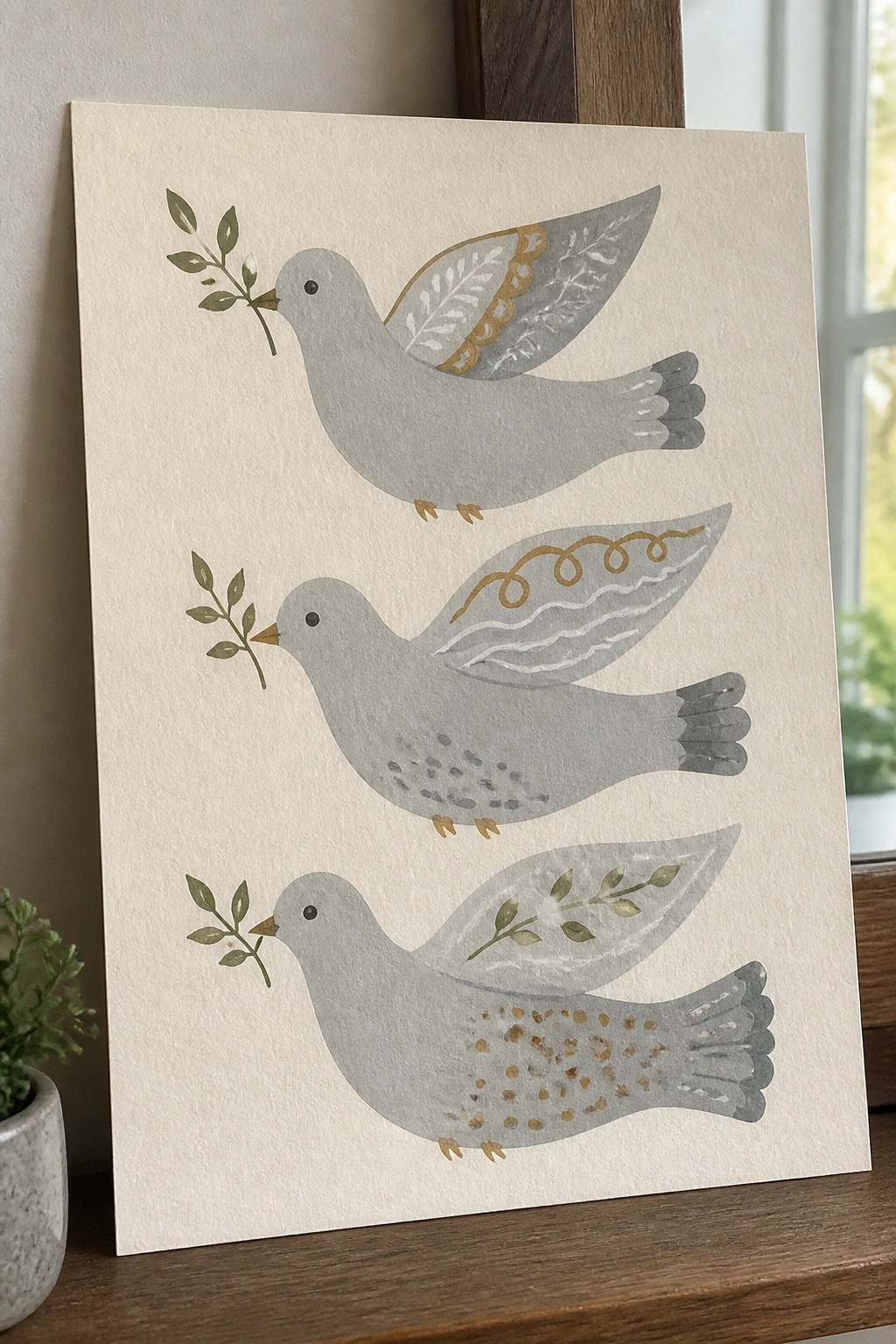 Three stylized gray doves with ornate wings holding olive branches in flight