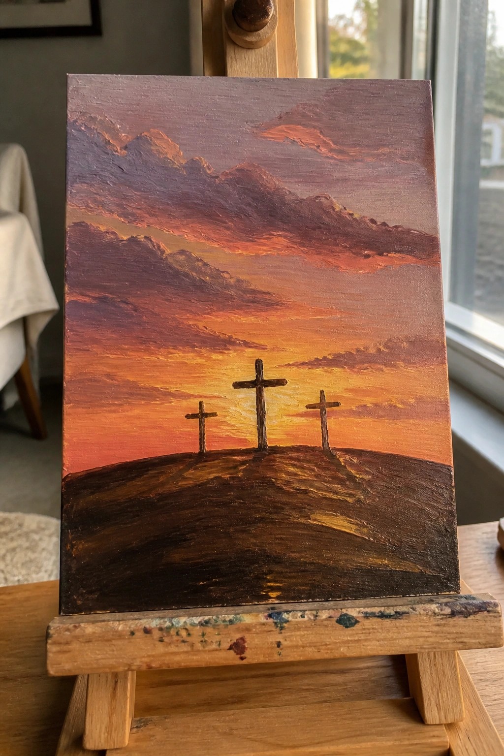A painting of three crosses on a hill with a colorful sunset sky and mountains behind them.