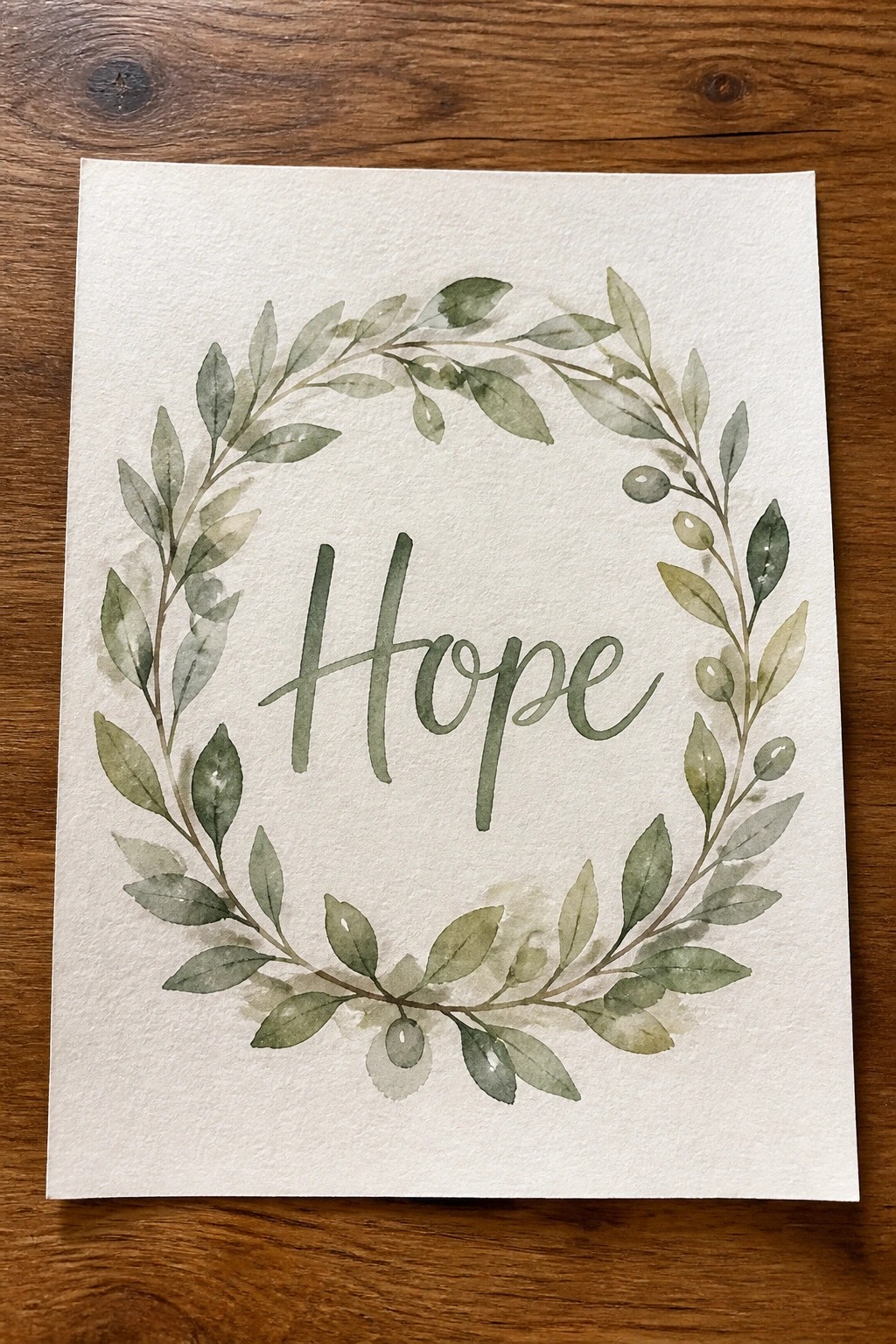 Green watercolor leaf wreath encircling cursive 