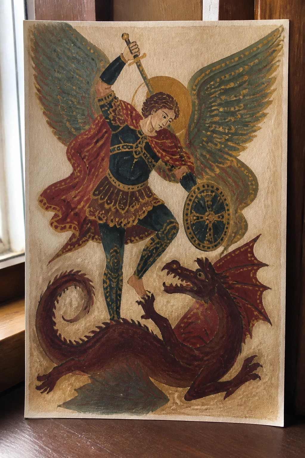 Winged warrior in blue armor and red cape slays red dragon with sword and shield