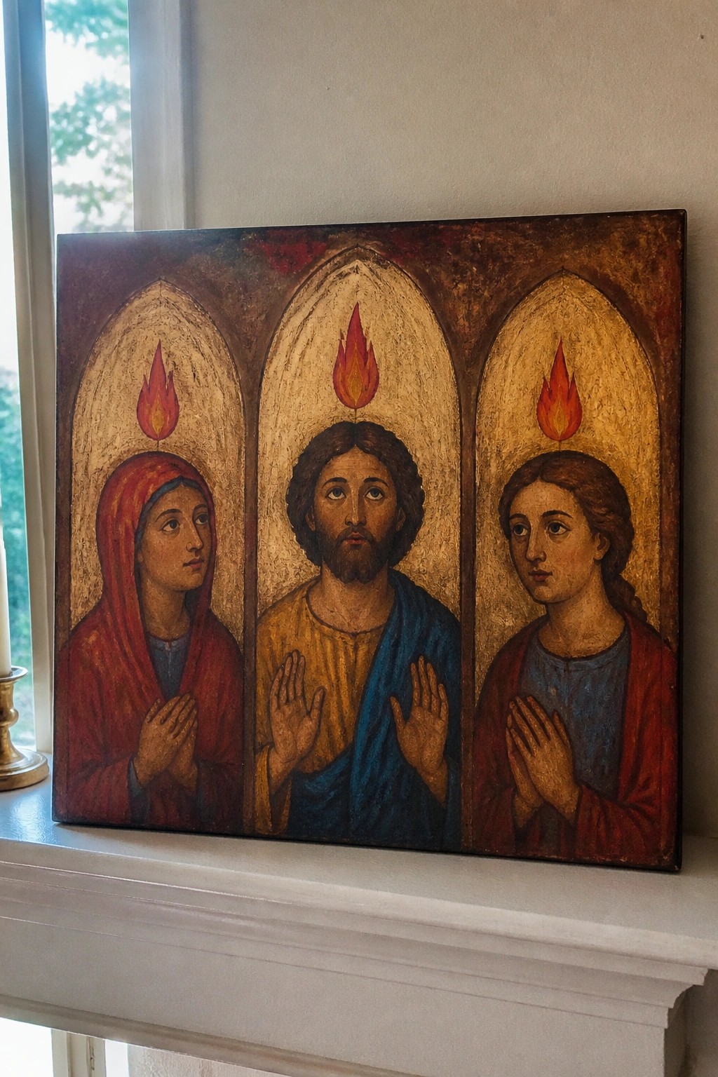 A triptych painting shows three figures with flames above their heads in arched panels, with a central bearded man in blue and yellow flanked by two women in red.