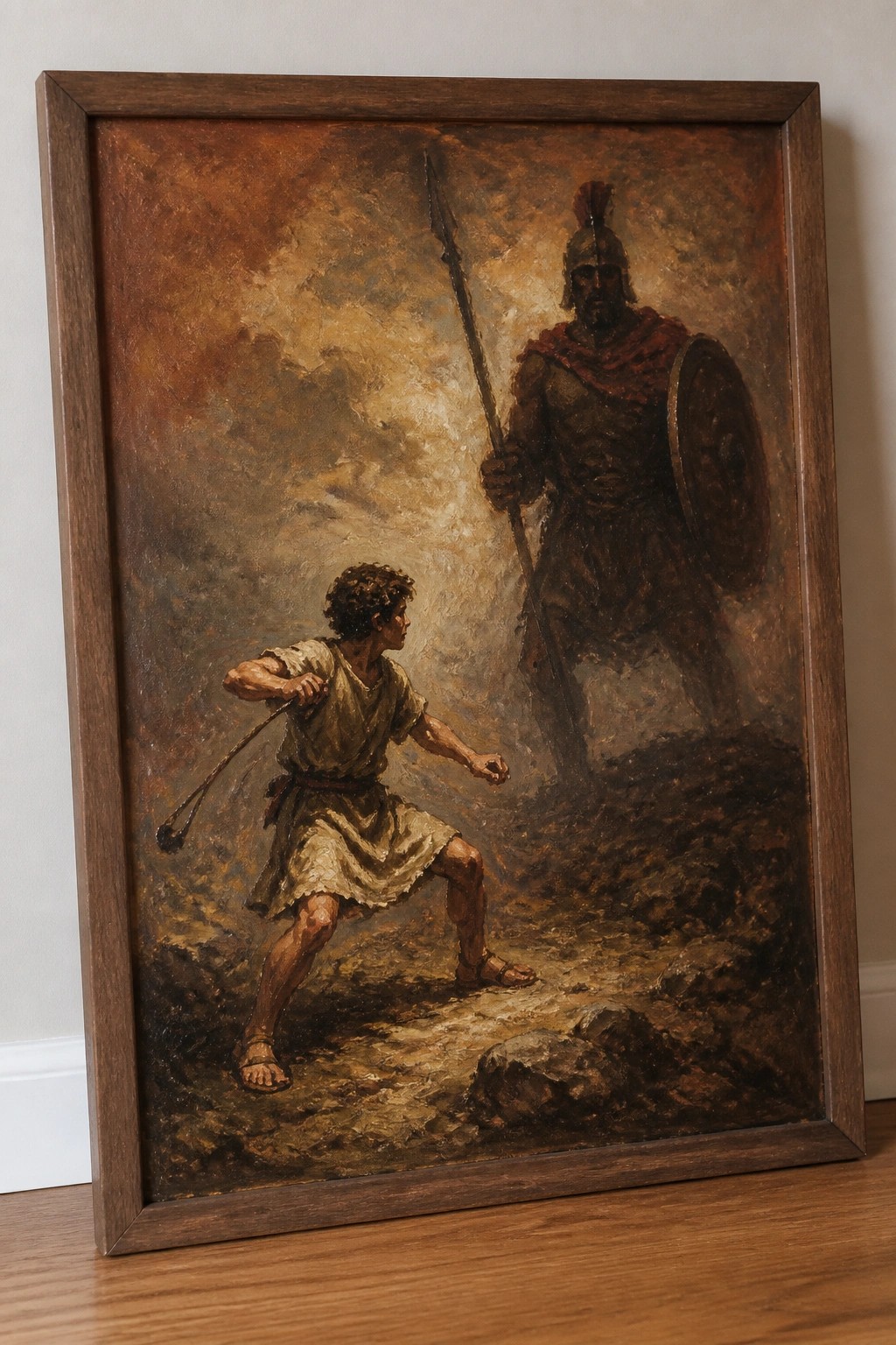 Oil painting of young man with sling facing armored soldier with spear and shield in rocky terrain.