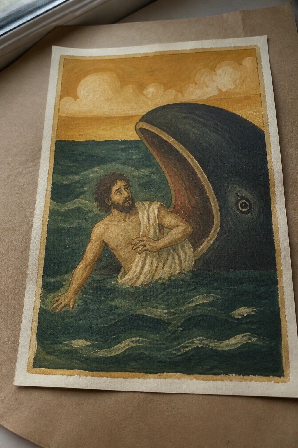 Bearded man in white robes faces open-mouthed whale in green ocean under golden sky.