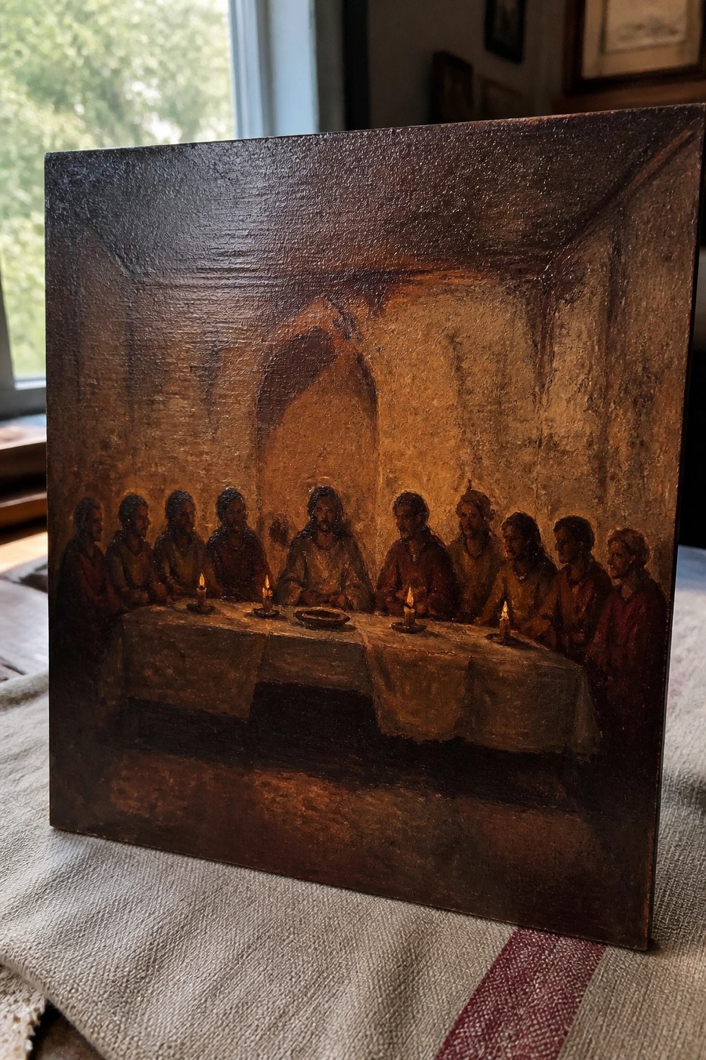 Dimly lit painting of robed men at a candlelit table in a stone room.