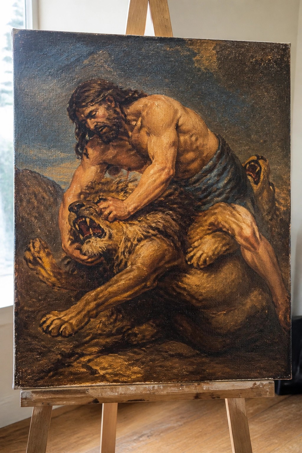 Muscular bearded man in blue cloth gripping open-mouthed lion's jaws on rocky ground.
