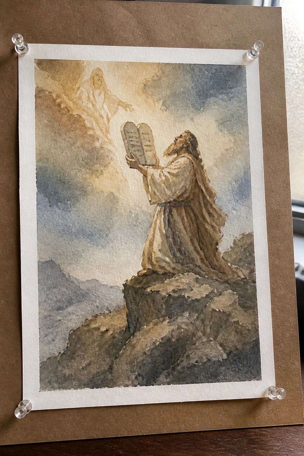 Watercolor of robed bearded man holding tablets on rocky peak, figure gesturing from clouds