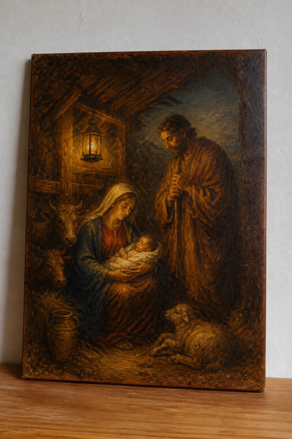 Painting of Mary in blue holding swaddled infant beside Joseph with animals in lantern-lit stable