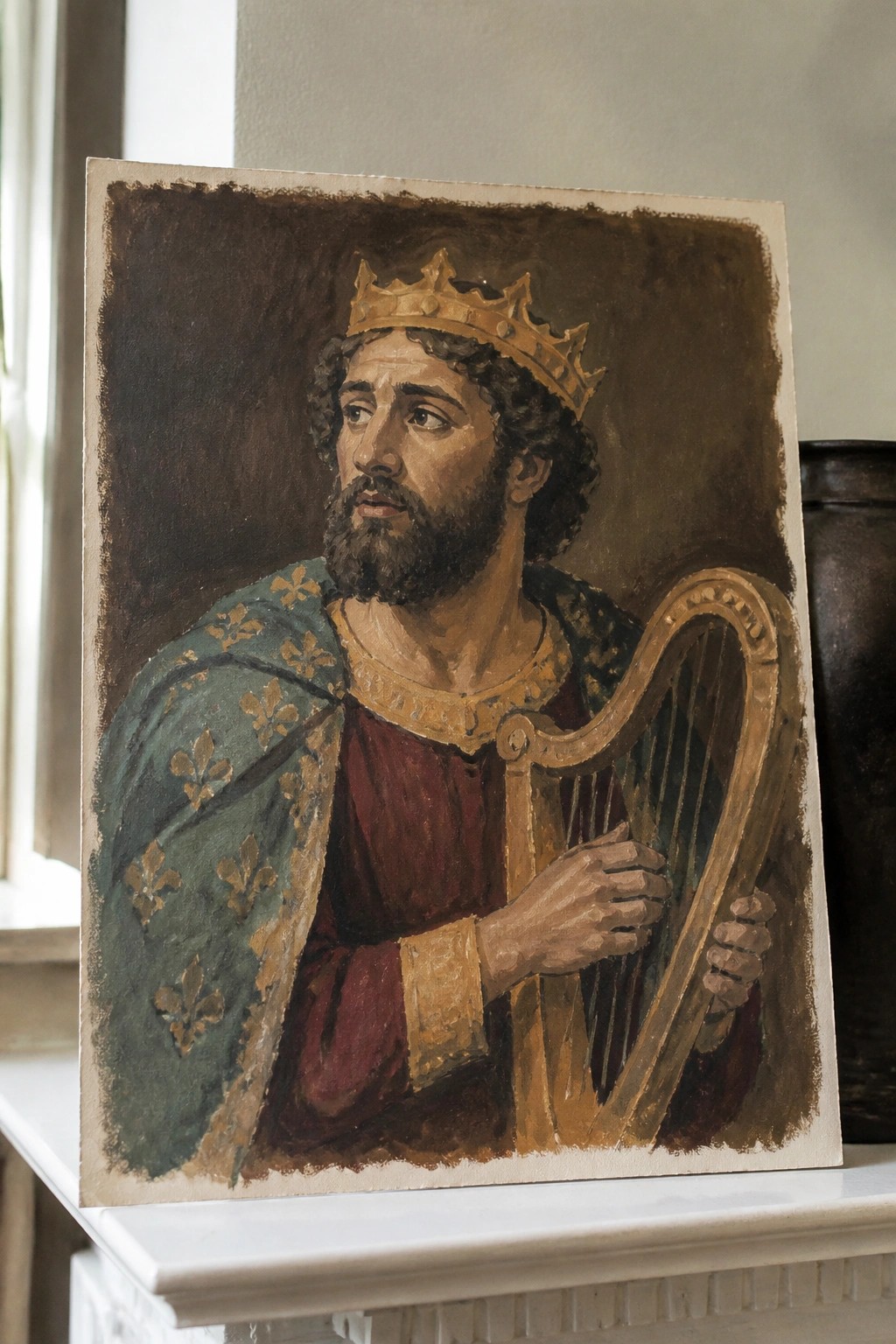 Bearded man in golden crown and fleur-de-lis cloak holds a wooden harp.