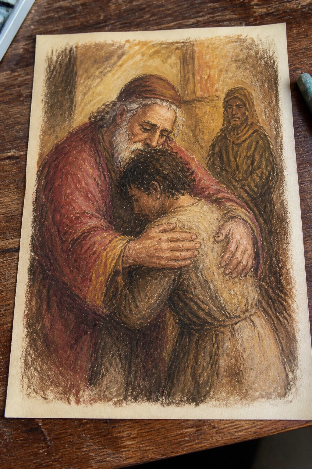 Elderly man in red robe embraces bowed young man, third figure watching.