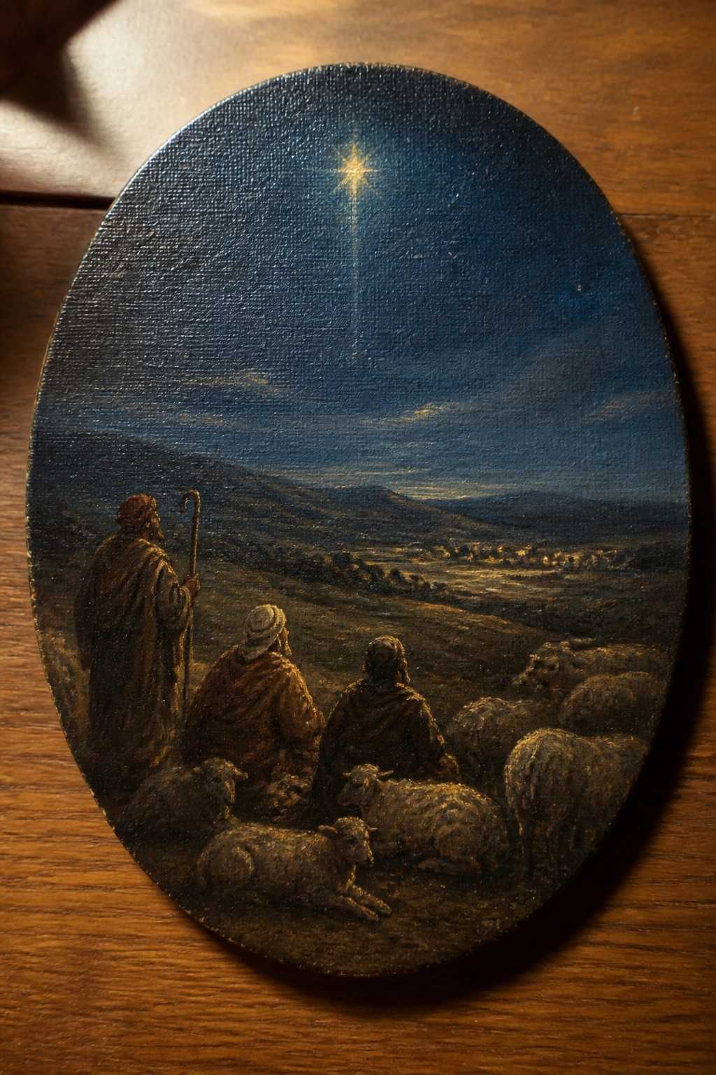 An oval painting shows three shepherds and several sheep on a dark hillside at night, looking toward a bright star above a distant lit town.