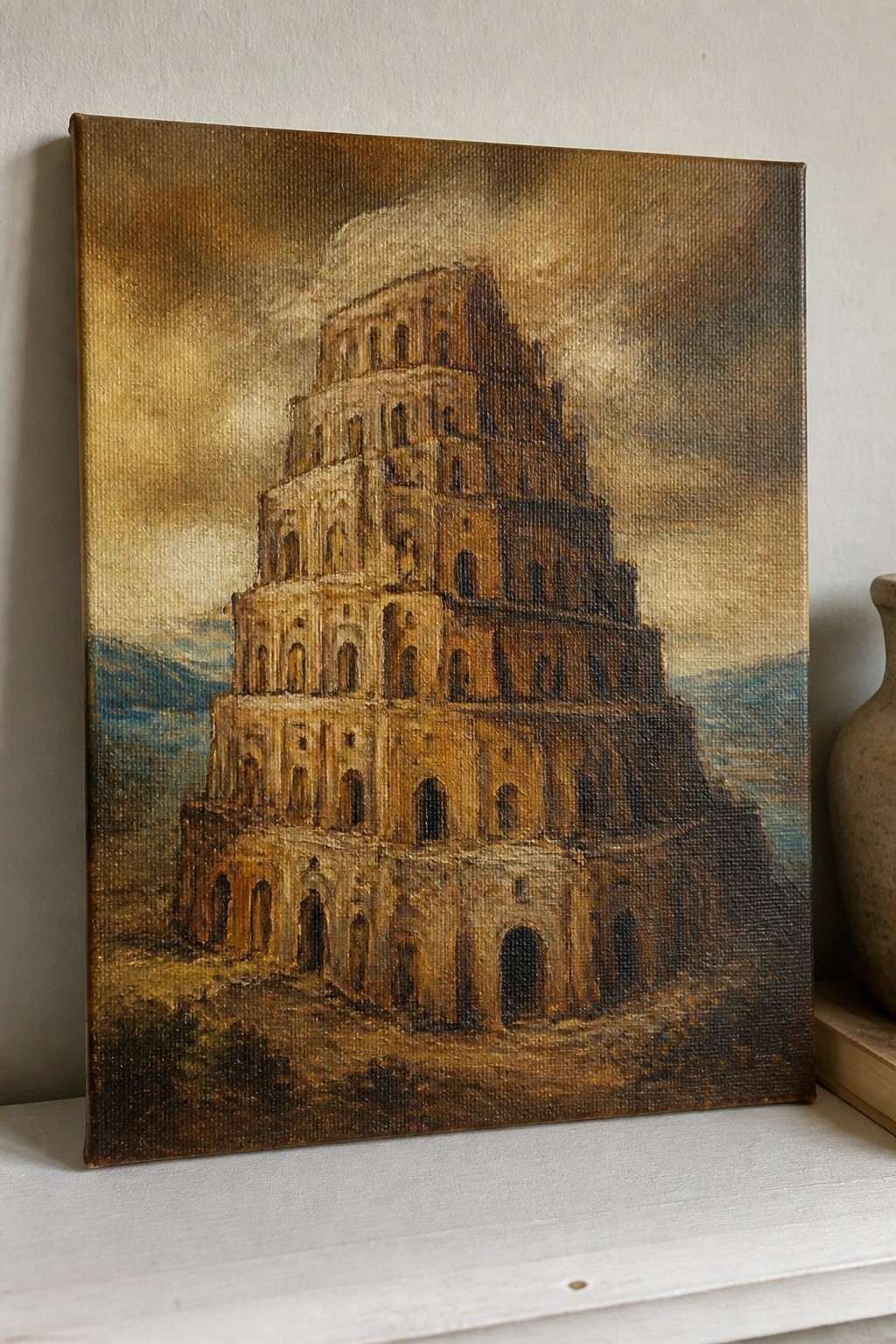 Canvas painting of tiered Tower of Babel with arched windows under stormy skies