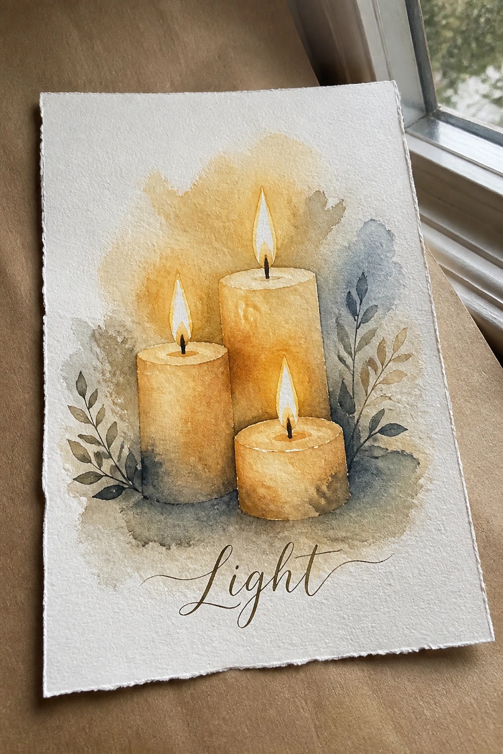 Three lit candles in warm watercolor tones with leaves and 
