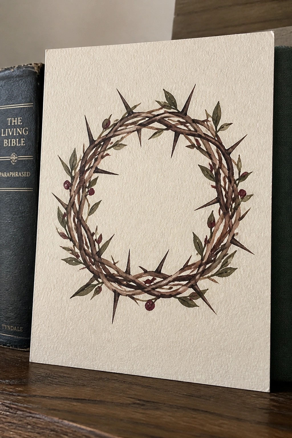 Watercolor crown of thorns with leaves and berries on paper between books on wood