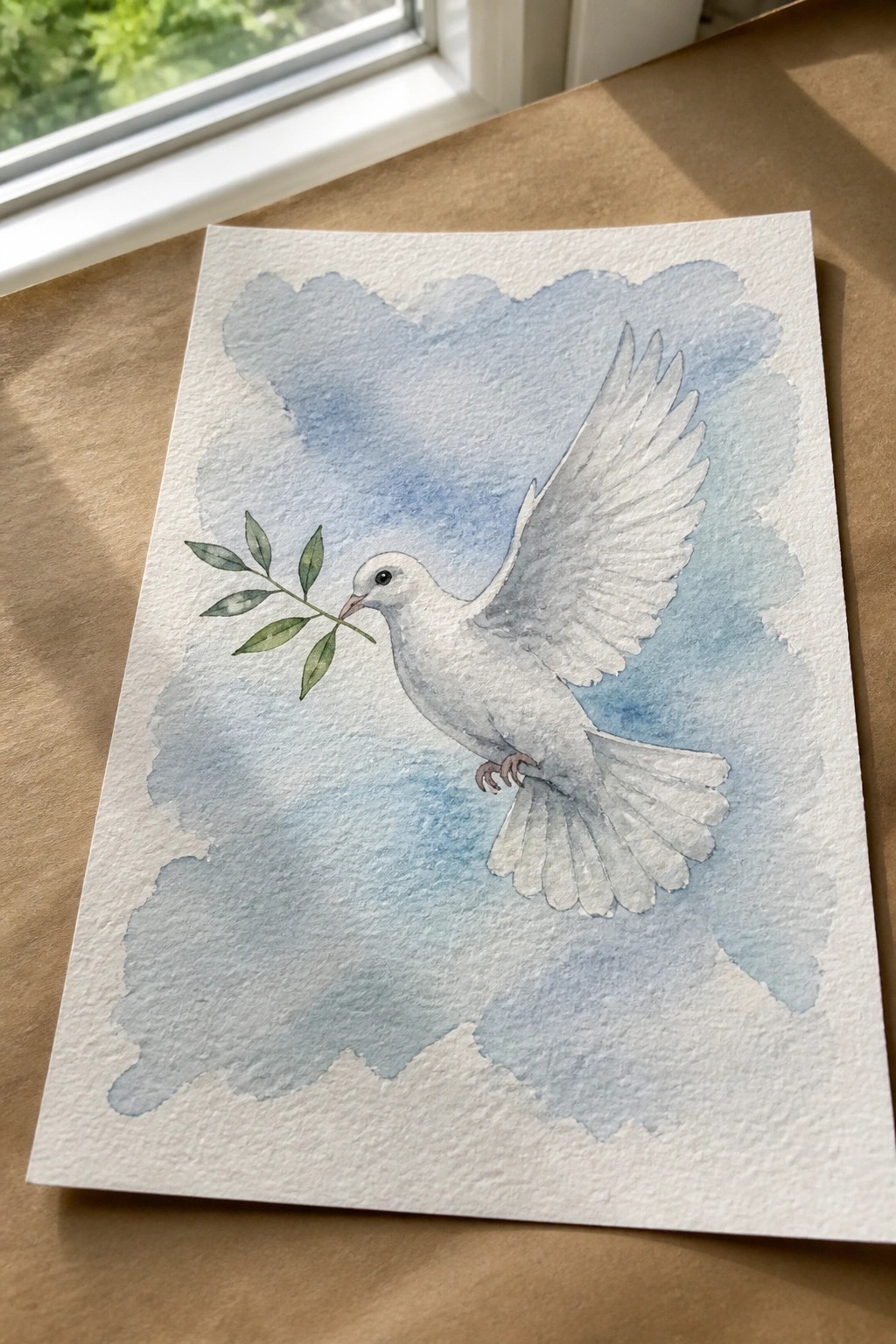 Watercolor painting of white dove flying with olive branch against blue sky background