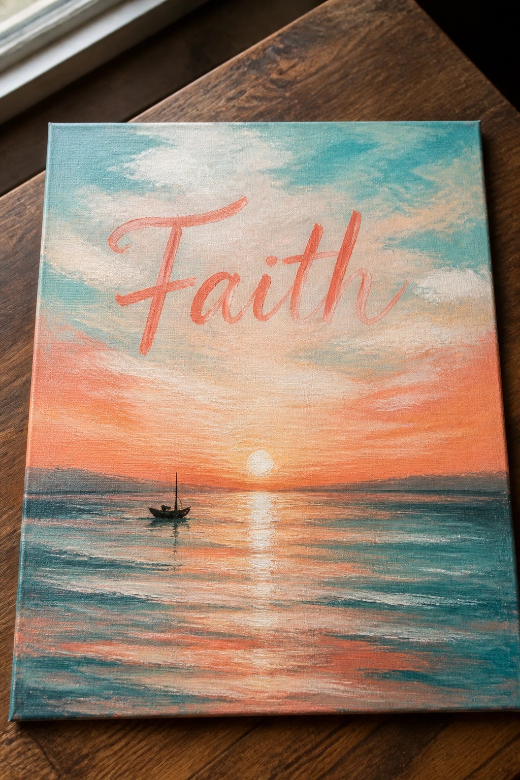 Canvas painting of ocean sunset with sailboat and 
